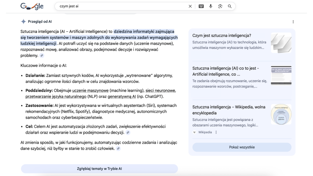 Przykładowy wynik wyszukiwania Google AI Overview