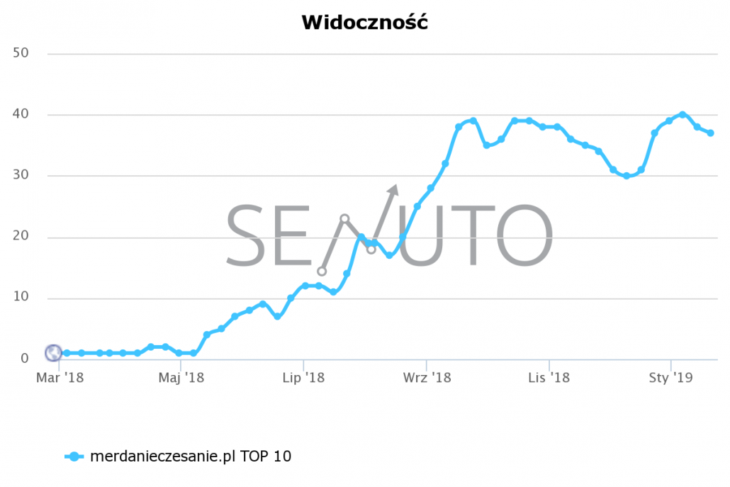 Źródło: Wykres Senuto, liczba słów w TOP10 dla https://merdanieczesanie.pl/